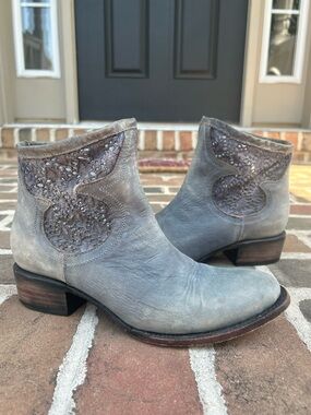 Freebird Cabcro Blue Grey Leather Crochet Western Boho Ankle Boots 9